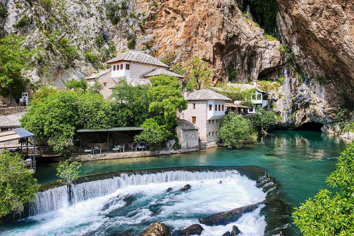 Scenic view of Buna-spring and tekke in Blagaj, Bosnia and Herzegovina